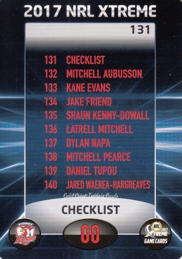 2017 NRL Xtreme Common Card - Base 131 Checklist Sydney Roosters