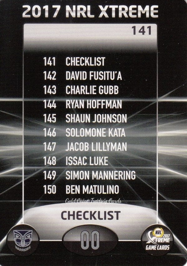 2017 NRL Xtreme Common Card - Base 141 Checklist Warriors