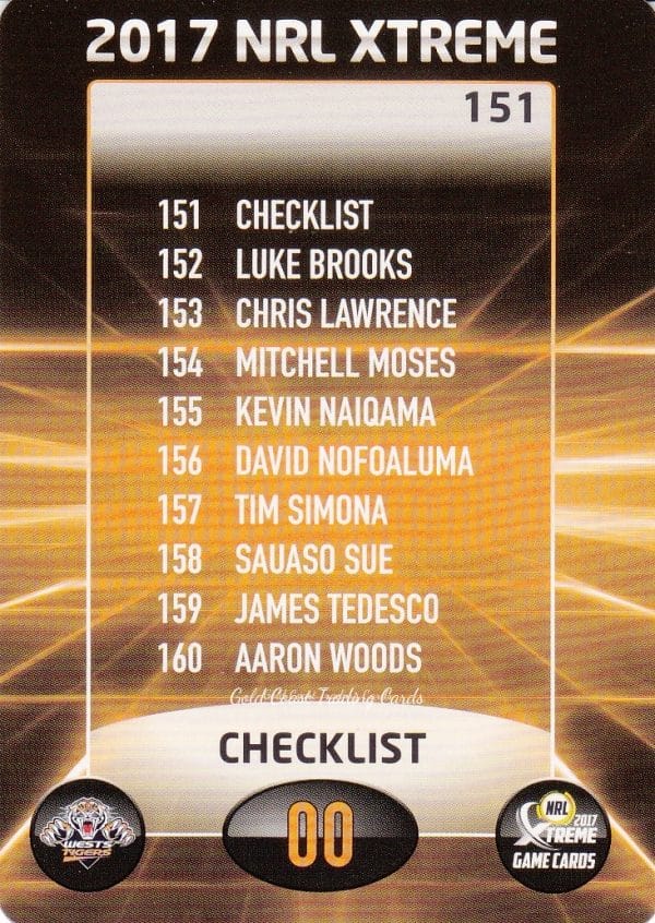 2017 NRL Xtreme Common Card - Base 151 Checklist Wests Tigers