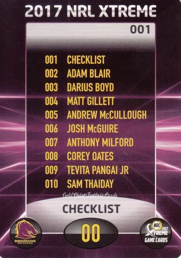2017 NRL Xtreme Common Card - Base 001 Checklist Brisbane Broncos