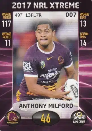 2017 NRL Xtreme Common Card - Base 007 Anthony Milford Brisbane Broncos