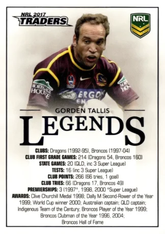 2017 NRL Traders Legends Case Card - CC2 Gorden Tallis Brisbane Broncos