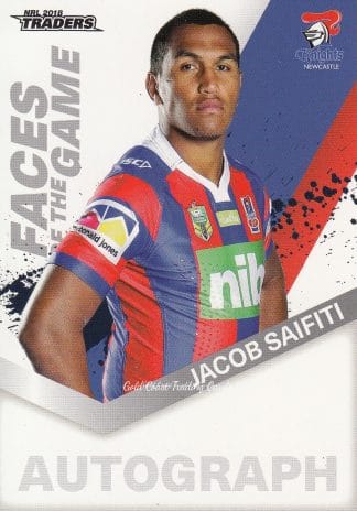 2018 NRL Traders Faces Of The Game - FG30 Jacob Saifiti Newcastle Knights
