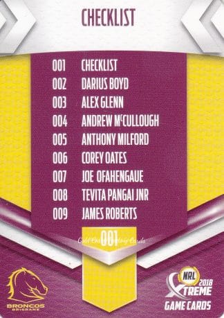 2018 NRL Xtreme Common Card - Base 001 Checklist Brisbane Broncos