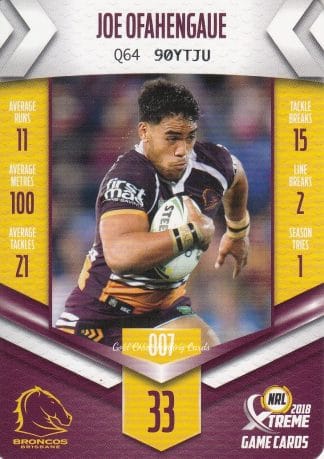 2018 NRL Xtreme Common Card - Base 007 Joe Ofahengaue Brisbane Broncos