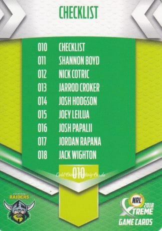 2018 NRL Xtreme Common Card - Base 010 Checklist Canberra Raiders