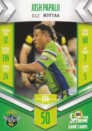 2018 NRL Xtreme Common Card - Base 016 Josh Papalii Canberra Raiders