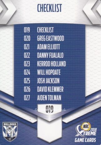 2018 NRL Xtreme Common Card - Base 019 Checklist Canterbury Bulldogs