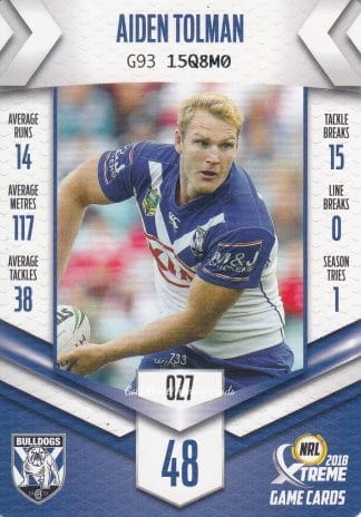 2018 NRL Xtreme Common Card - Base 027 Aiden Tolman Canterbury Bulldogs