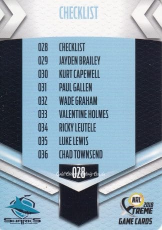2018 NRL Xtreme Common Card - Base 028 Checklist Cronulla Sharks