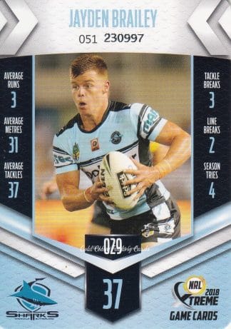 2018 NRL Xtreme Common Card - Base 029 Jayden Brailey Cronulla Sharks