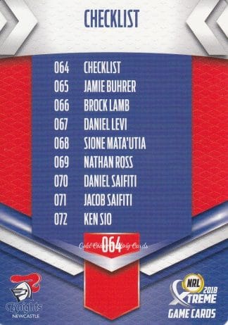 2018 NRL Xtreme Common Card - Base 064 Checklist Newcastle Knights