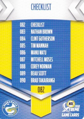2018 NRL Xtreme Common Card - Base 082 Checklist Parramatta Eels