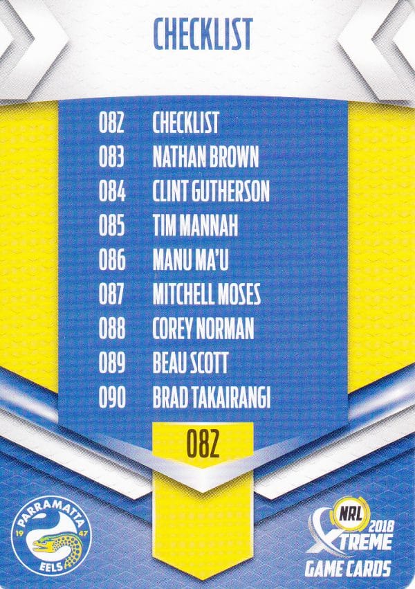 2018 NRL Xtreme Common Card - Base 082 Checklist Parramatta Eels