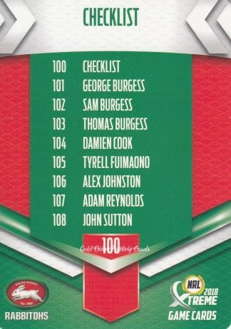 2018 NRL Xtreme Common Card - Base 100 Checklist South Sydney Rabbitohs