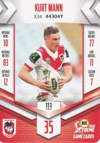 2018 NRL Xtreme Common Card - Base 113 Kurt Mann St George Dragons