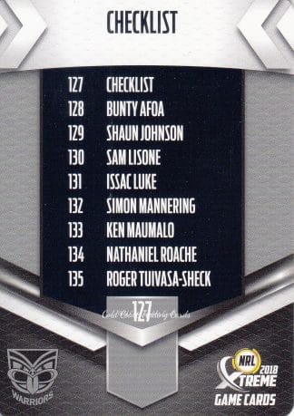 2018 NRL Xtreme Common Card - Base 127 Checklist Warriors