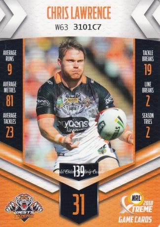 2018 NRL Xtreme Common Card - Base 139 Chris Lawrence Wests Tigers