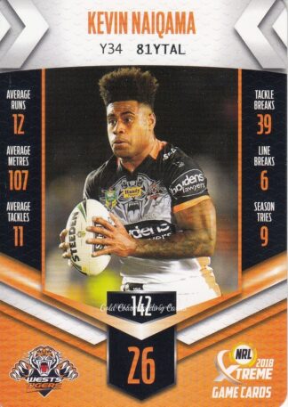 2018 NRL Xtreme Common Card - Base 142 Kevin Naiqama Wests Tigers