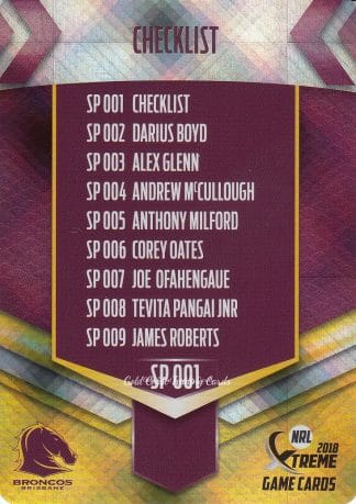 2018 NRL Xtreme Silver Parallels - SP001 Checklist Brisbane Broncos