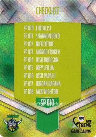 2018 NRL Xtreme Silver Parallels - SP010 Checklist Canberra Raiders