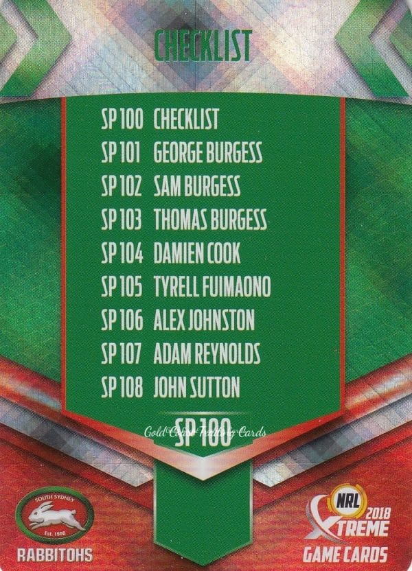 2018 NRL Xtreme Silver Parallels - SP100 Checklist South Sydney Rabbitohs