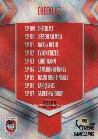 2018 NRL Xtreme Silver Parallels - SP109 Checklist St George Dragons