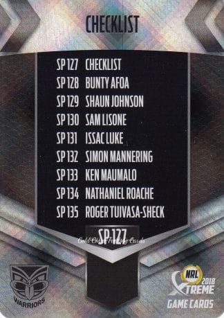 2018 NRL Xtreme Silver Parallels - SP127 Checklist Warriors