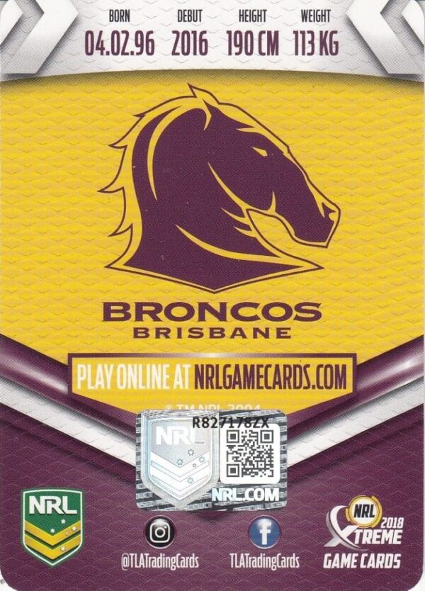 2018 NRL Xtreme Authentic Player Autograph - PA008 Tevita Pangai Jnr Brisbane Broncos - Image 2