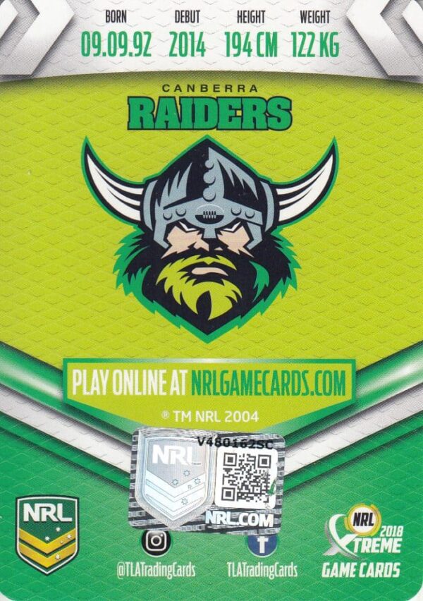 2018 NRL Xtreme Authentic Player Autograph - PA011 Shannon Boyd Canberra Raiders - Image 2