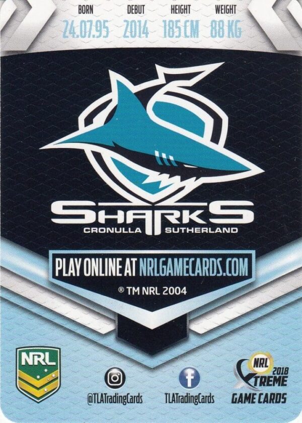 2018 NRL Xtreme Authentic Player Autograph - PA033 Valentine Holmes Cronulla Sharks - Image 2