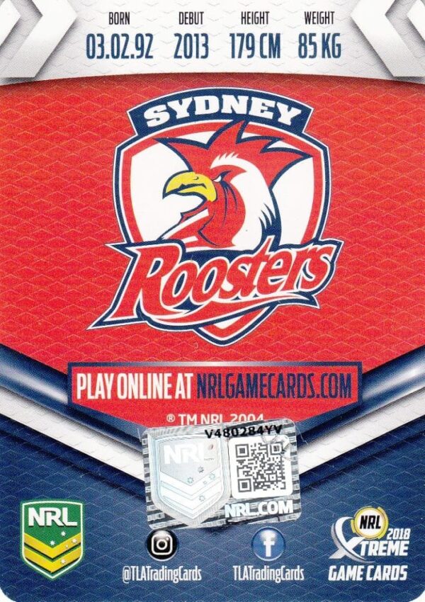 2018 NRL Xtreme Authentic Player Autograph - PA122 Luke Keary Sydney Roosters - Image 2