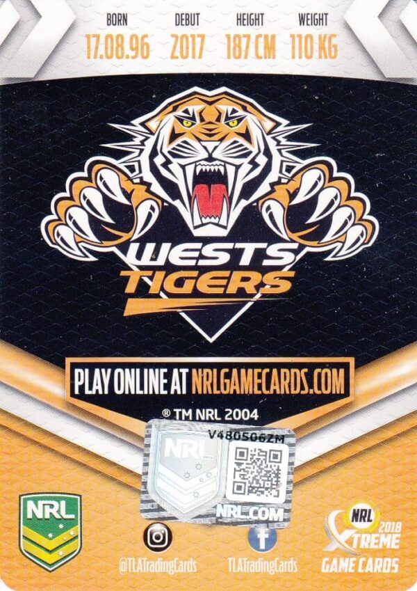 2018 NRL Xtreme Authentic Player Autograph - PA140 Esan Marsters Wests Tigers - Image 2