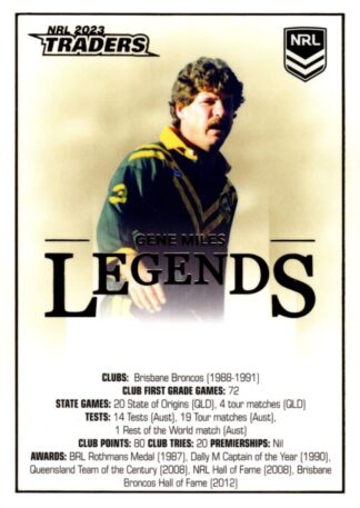 2023 NRL Traders Legends Case Card - CCL22 Gene Miles Brisbane Broncos
