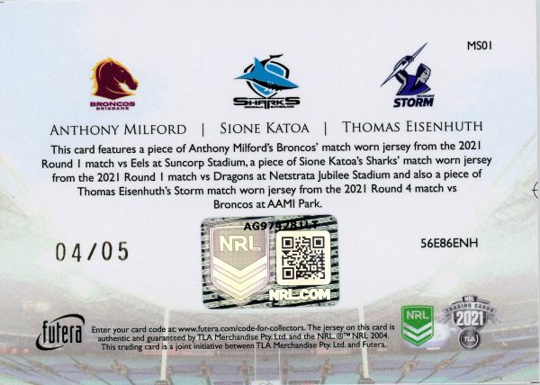 2021 NRL Elite Futera Replica 1 Of 1 Gold Card Master Set #4 - MS01 Milford, Katoa, Eisenhuth, - Image 2