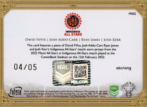 2022 NRL Elite Futera 1 Of 1 Replica Master Set #4 - MS02 Fifita, Addo-Carr, James, Kerr, - Image 2