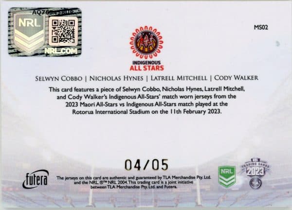2023 NRL Elite Futera 1 Of 1 Replica Master Set #4 - MS02 Cobbo, Hynes, Mitchell, Walker, - Image 2
